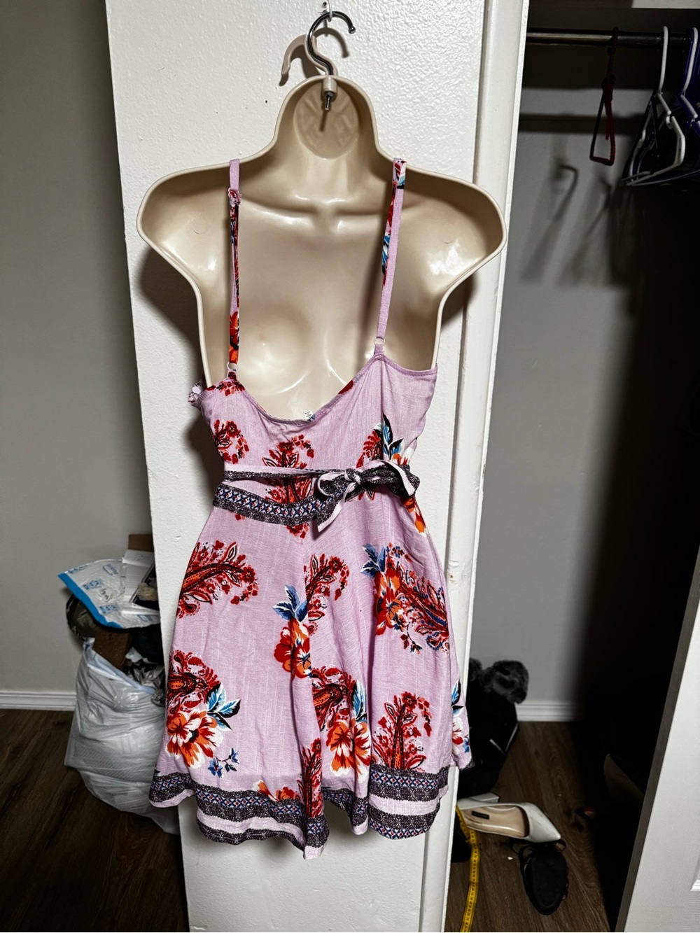 En Creme Pink Floral Halter Romper with Purple Trim - Picture 3 of 4